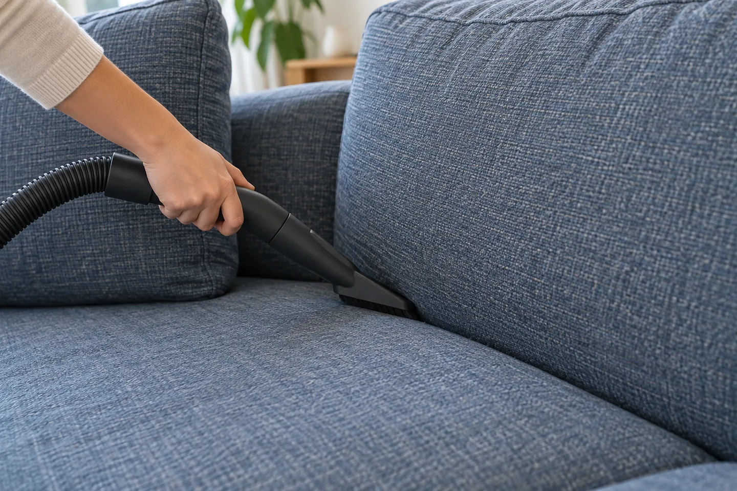 Embout d’aspirateur appliqué doucement entre l’assise et le dossier d’un canapé en tissu bleu-gris