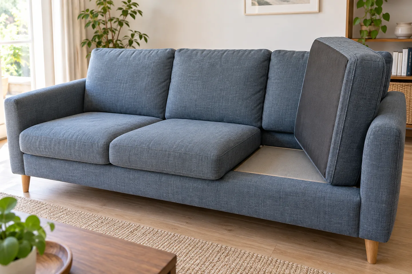 Canapé bleu-gris en tissu avec un coussin d’assise relevé pour examiner la zone située dessous