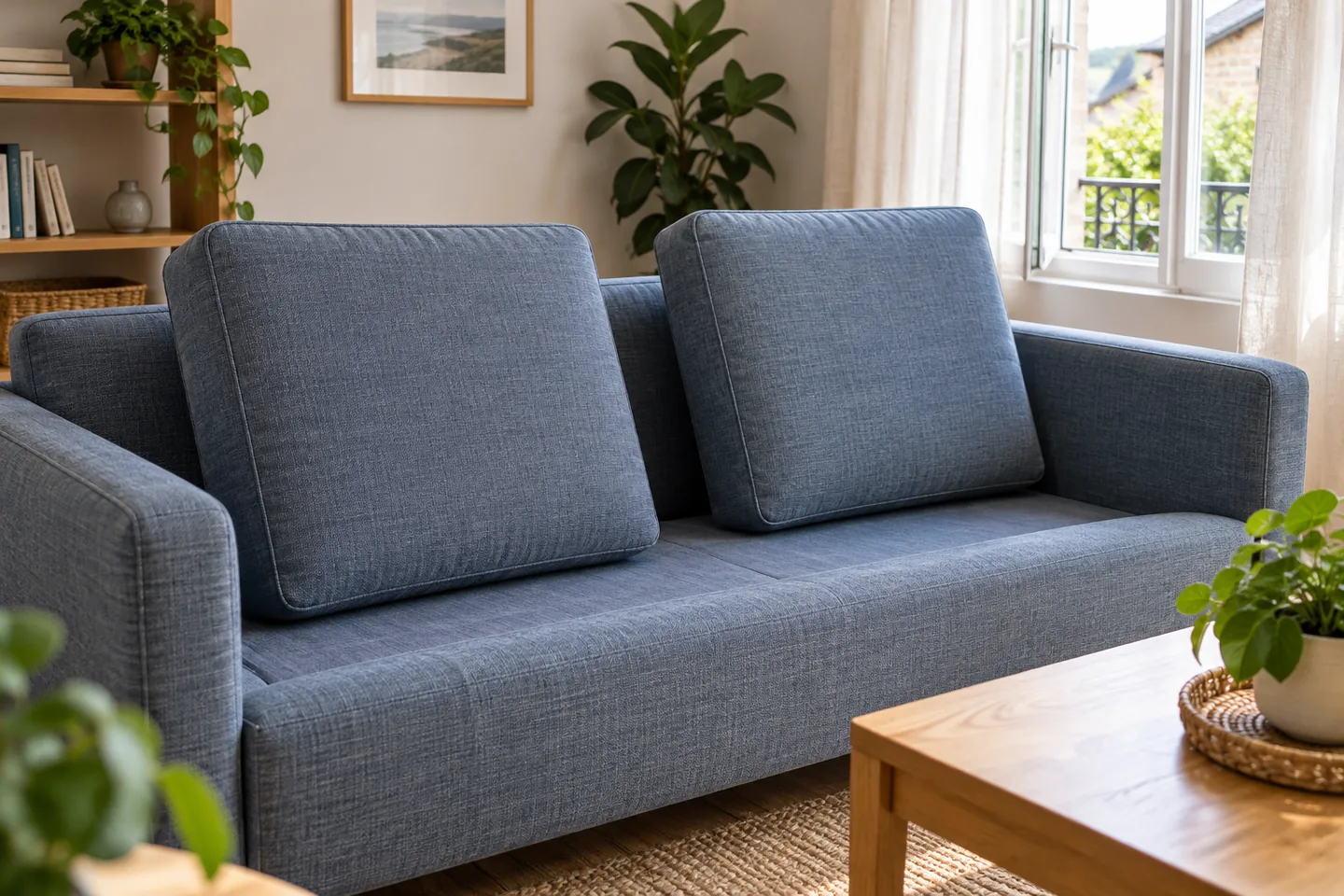 Coussins espacés sur un canapé bleu-gris dans un salon aéré près d’une fenêtre entrouverte