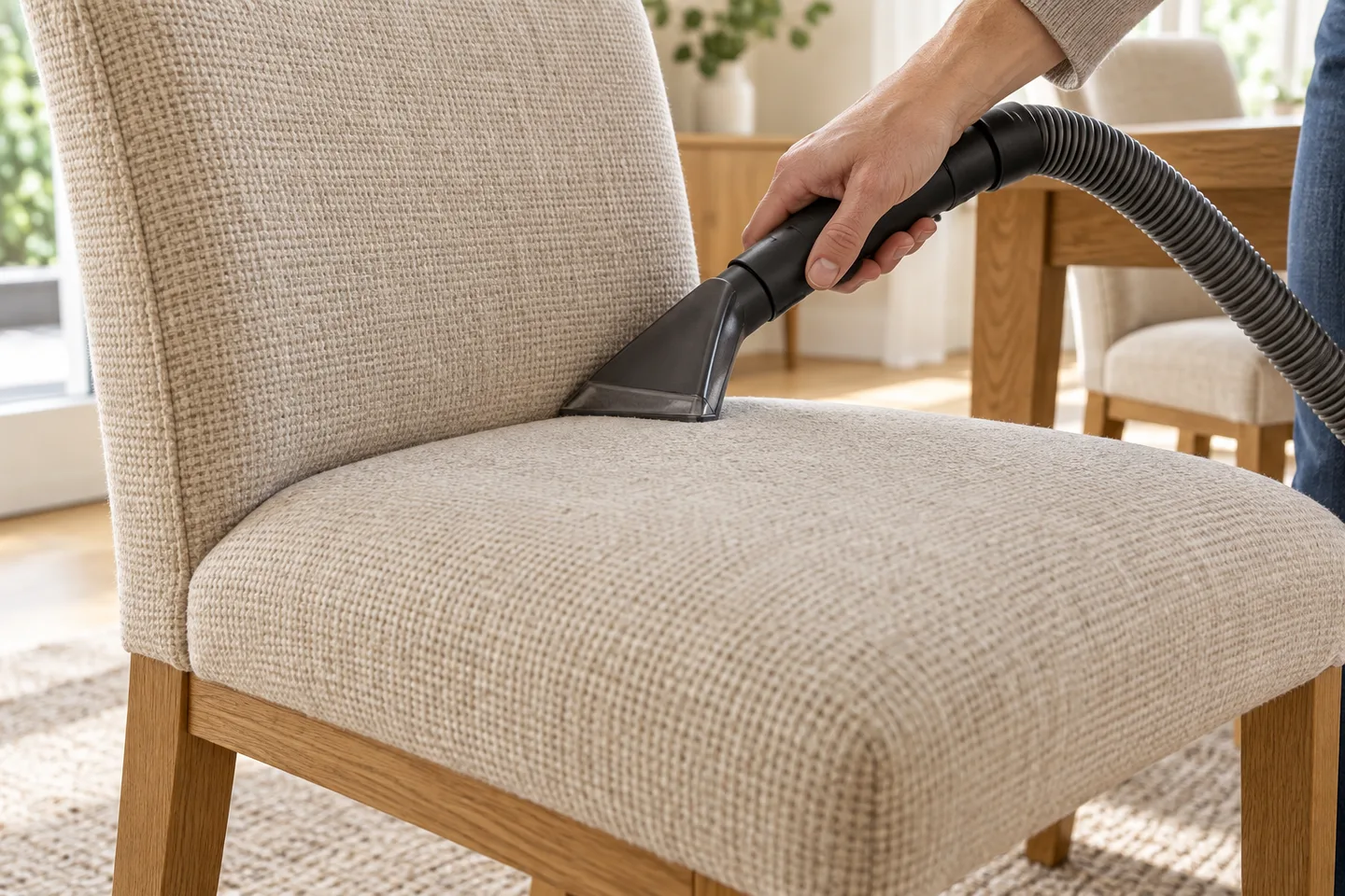Embout d’aspirateur suivant la couture entre l’assise et le dossier d’une chaise en tissu
