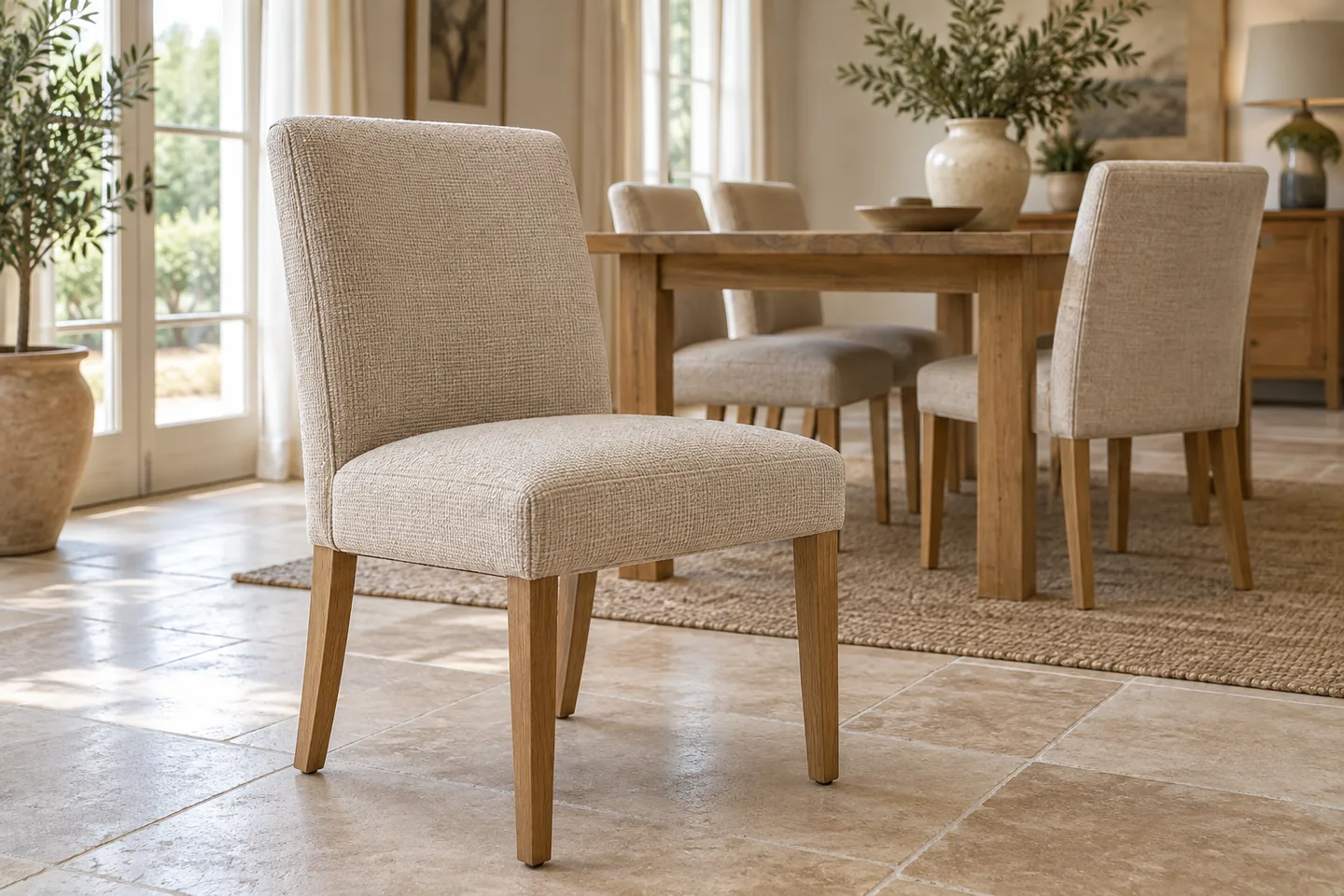 Chaise de salle à manger en tissu beige non déhoussable, dans une pièce lumineuse