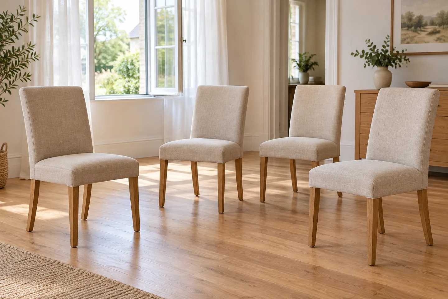 Chaises de salle à manger espacées dans une pièce aérée pendant le séchage