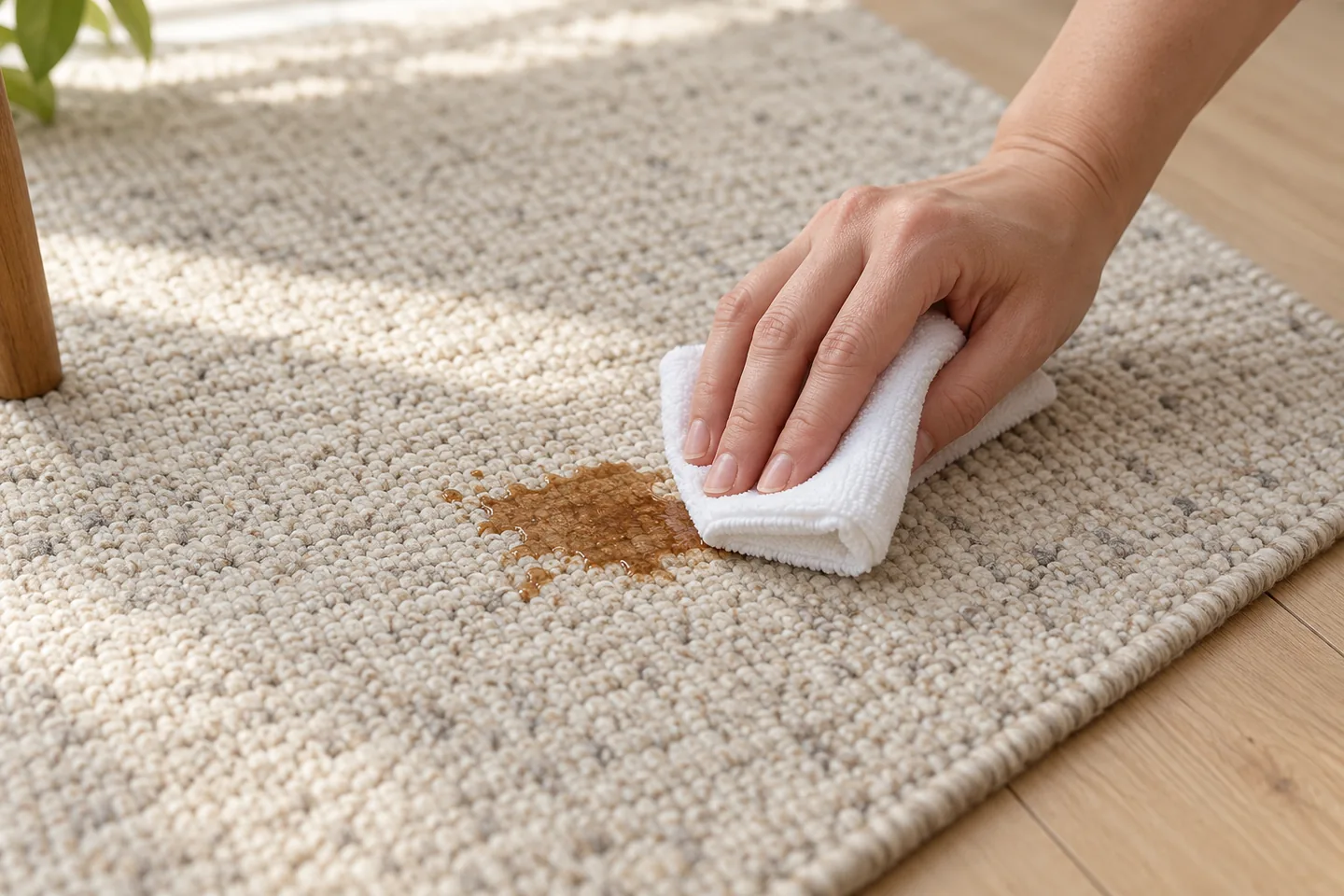 Hand drückt ein gefaltetes weißes Tuch am Rand eines kleinen Kaffeeflecks auf einen hellen Teppich