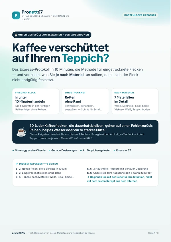 Titelseite des deutschen Pronett67-Ratgebers „Kaffee verschüttet auf Ihrem Teppich?“