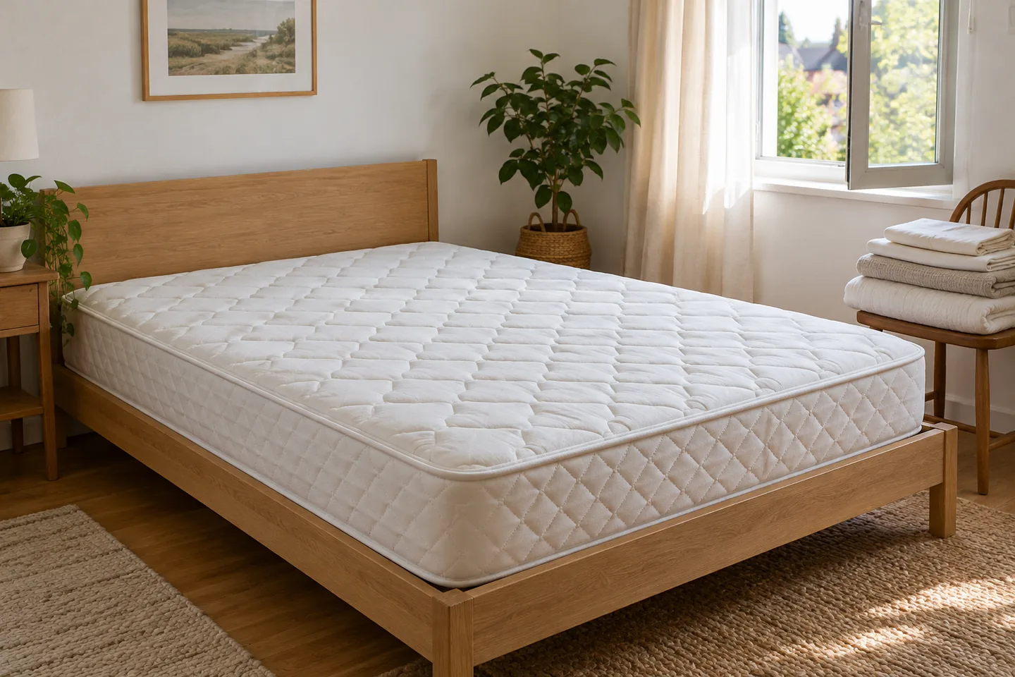 Matelas découvert sur un sommier dans une chambre aérée, avec le linge de lit plié à côté