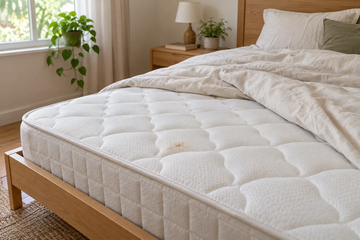 Matelas blanc matelassé avec une petite trace brunâtre, découvert dans une chambre lumineuse