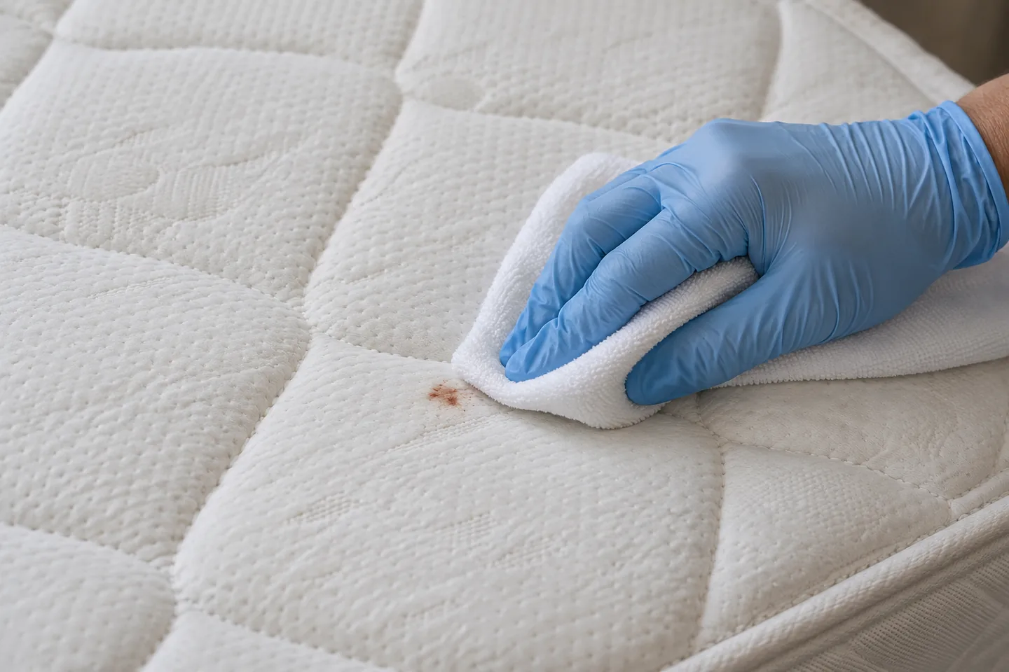 Main gantée pressant doucement un linge blanc sur une petite trace brunâtre au bord d’un matelas matelassé