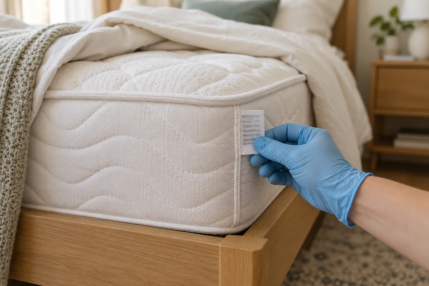 Main gantée tenant une étiquette cousue au bord d’un matelas blanc, dont les petits caractères sont flous