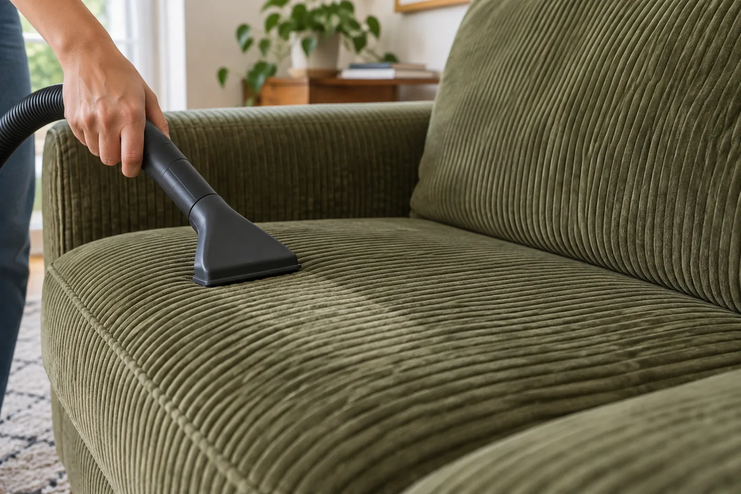 Buse pour tissus d’ameublement passée doucement sur l’assise d’un canapé en velours côtelé