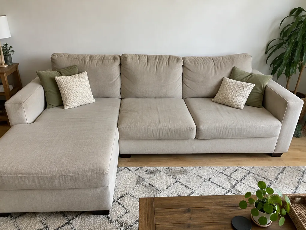 Illustrative after view: same beige corner sofa with cleaned upholstery