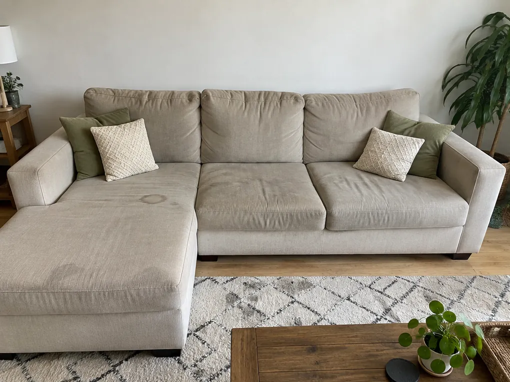 Illustrative before view: beige corner sofa with a chaise and ring stains