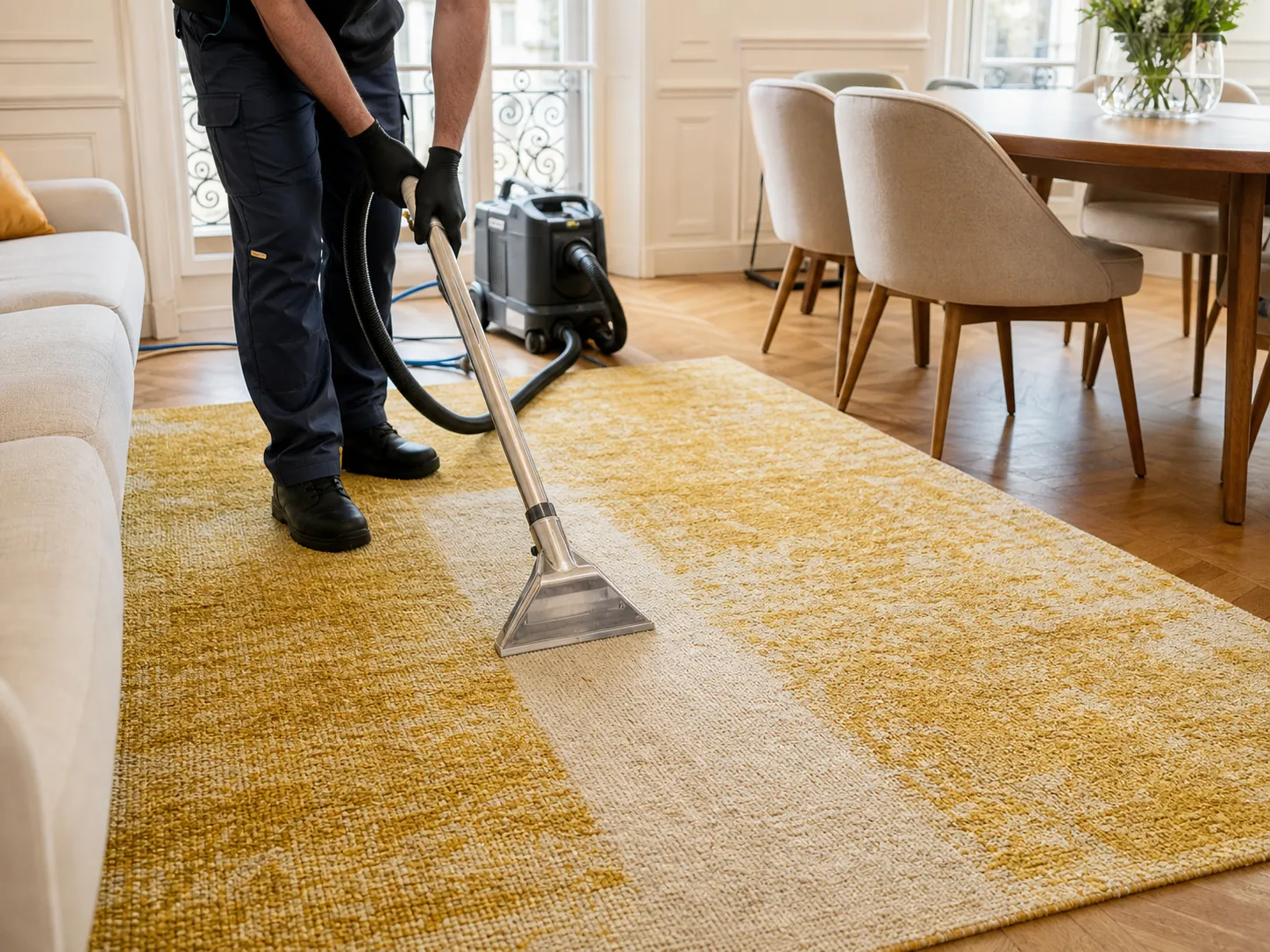Nettoyage professionnel d’un tapis jaune synthétique à Lingolsheim