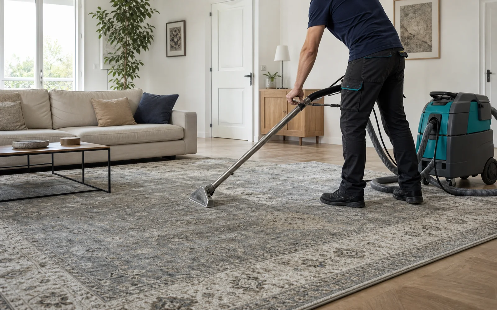 Nettoyage professionnel par extraction d’un grand tapis dans un salon à Schiltigheim