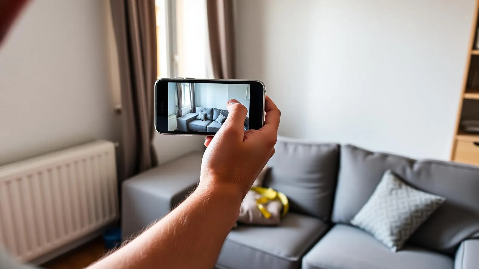 Personne photographiant son canapé avec un smartphone pour demander un devis Pronett67