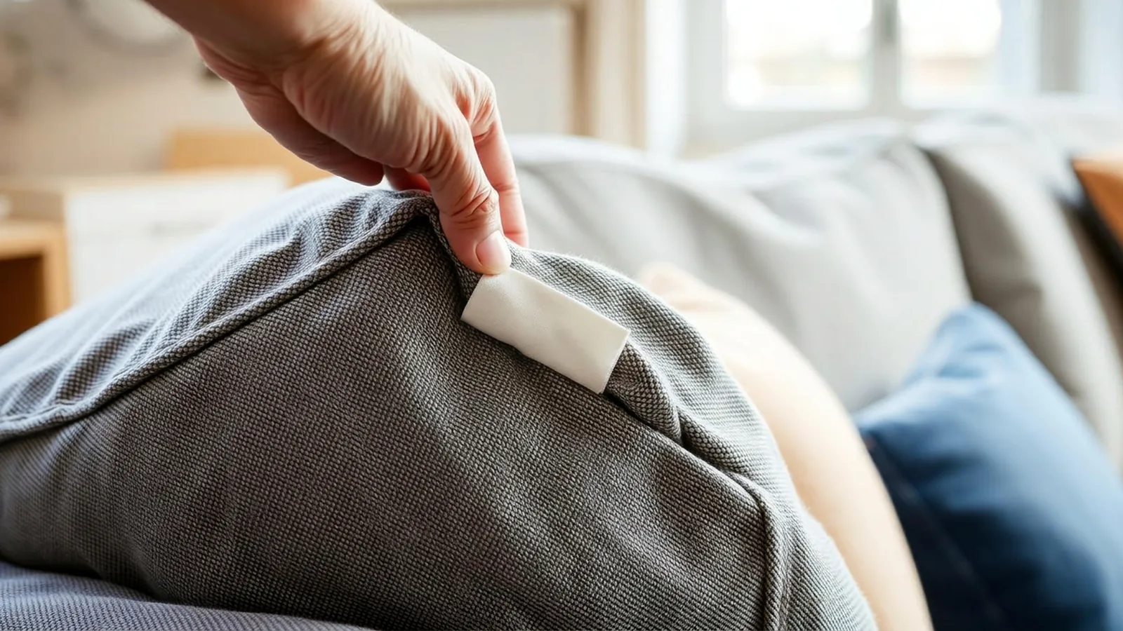 Main soulevant une assise de canapé pour lire l'étiquette d'entretien