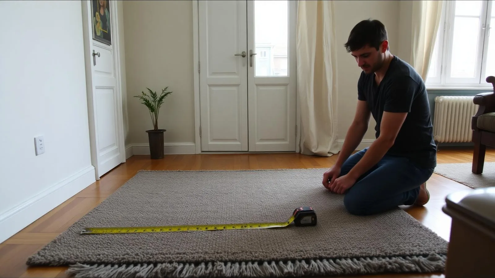 Personne mesurant un tapis de salon avec un mètre ruban à Strasbourg
