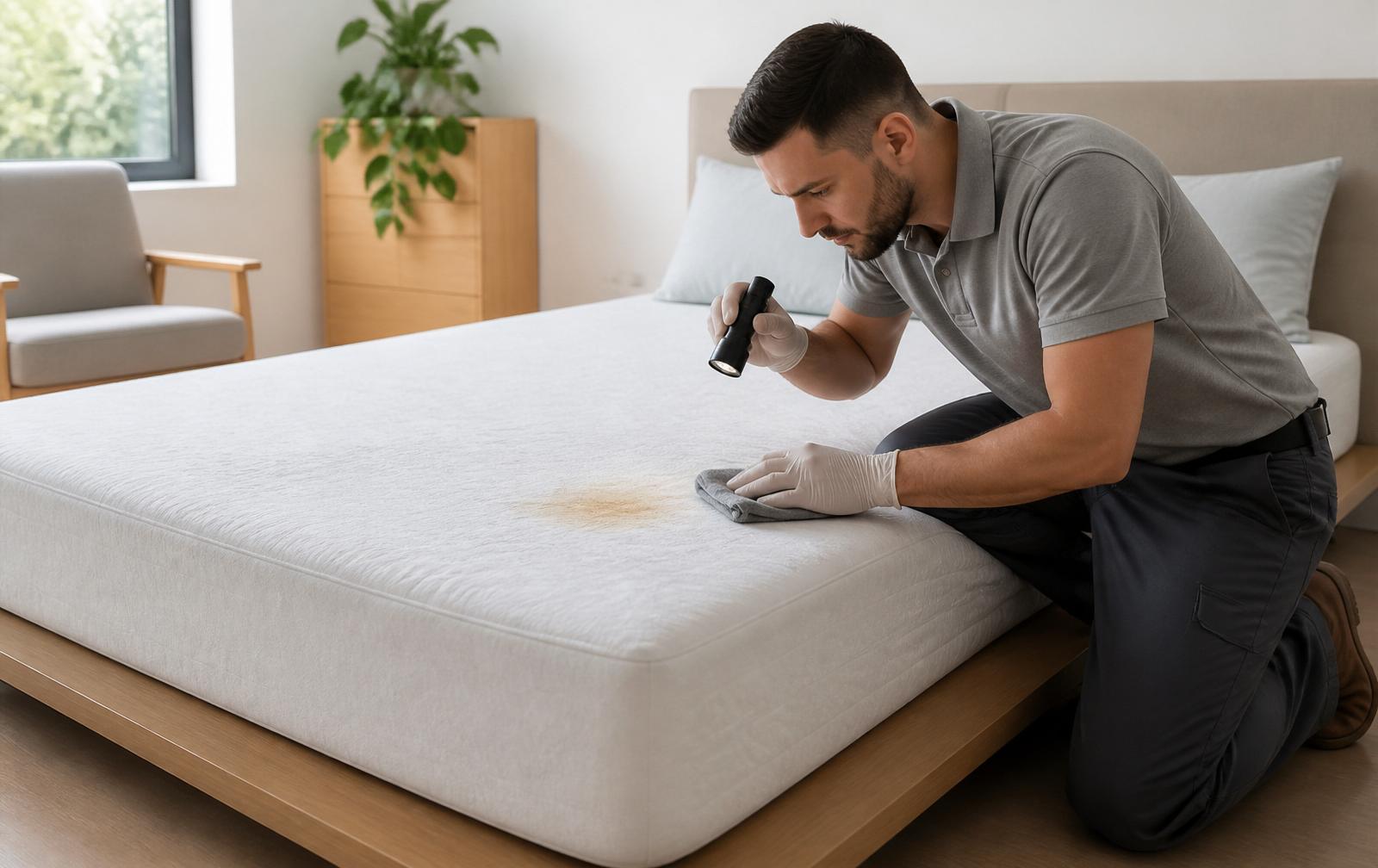 Tache jaune sur un matelas examinée lors d'un nettoyage professionnel à domicile